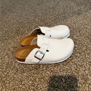 White Cushionaire Slip-On Clogs with Buckle